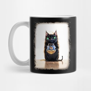 Black Cat Holding a Goldfish in a Fish Bowl Mug